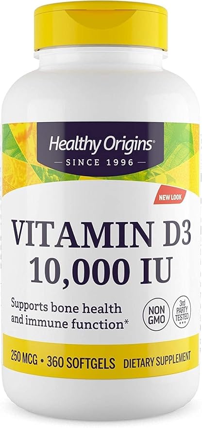 Healthy Origins Vitamin D3 10,000 IU (Non-GMO, High Potency, Bone Support, Immune Support, Gluten Free), 360 Softgels