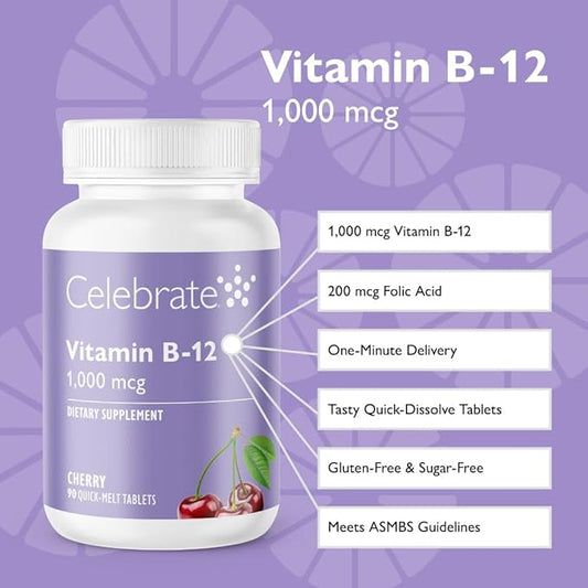 Celebrate Vitamins Vitamin B-12 Quick Melt Tablets, Cherry, 1000 mcg with Folic Acid, 90 Count