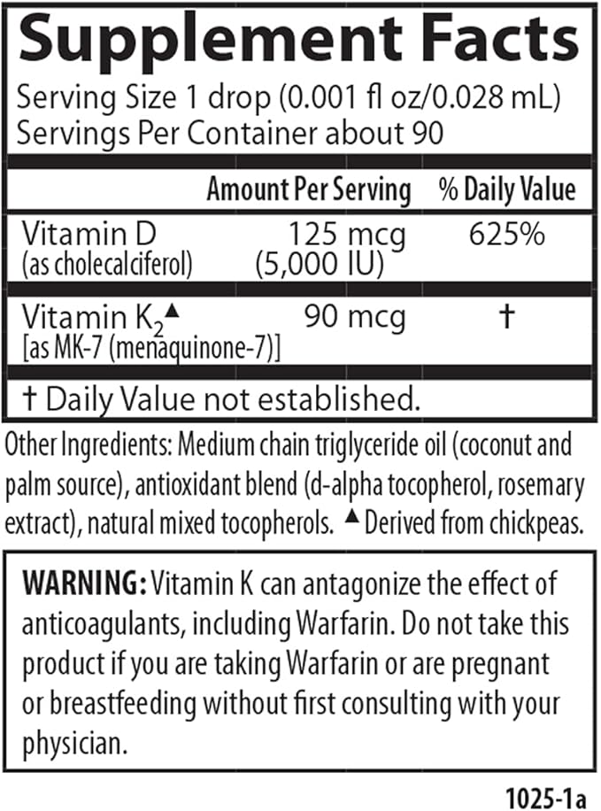 Carlson - Super Daily D3 + K2, 125 mcg (5000 IU) Vitamin D3, 90 mcg Vitamin K2 as MK-7, Bone Support, 90 Liquid Drops (2.54 mL)