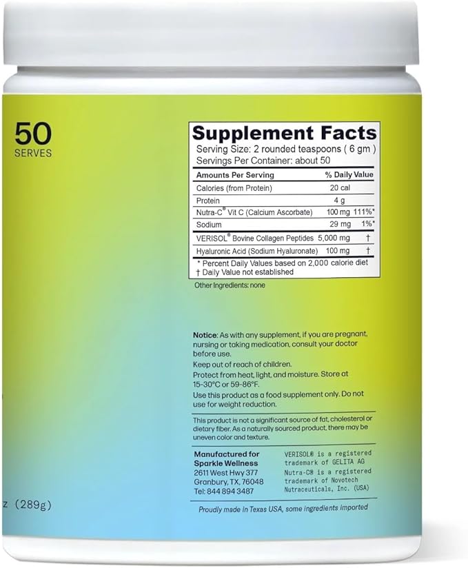 Sparkle Wellness VERISOL Bioactive Hydrolyzed Collagen Peptides | Collagen Powder Supplement with Vitamin C & Hyaluronic Acid for Hair, Skin, and Nail Health | Skin Boost Plus (No Flavor) [50-Serves]