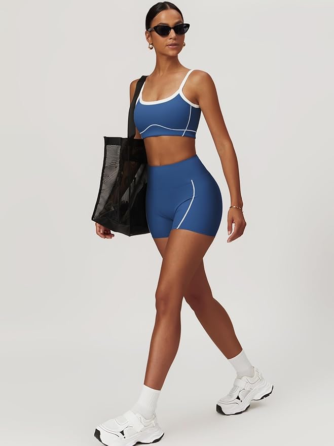 Workout Sets for Women 2 Piece Contrast Panel Sports Bra Tummy Control Butt lifting Shorts Jogger Outfits ﻿