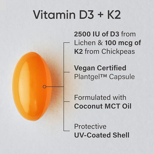 Sports Research® Vitamin D3 + K2 w/Coconut Oil - Vegan Vitamin D 2500iu (62.5mcg) & Mk7 Vitamin K 100mcg for Bone & Immune Support - Vegan Certified · Non-GMO · Soy Free - 60 Softgels