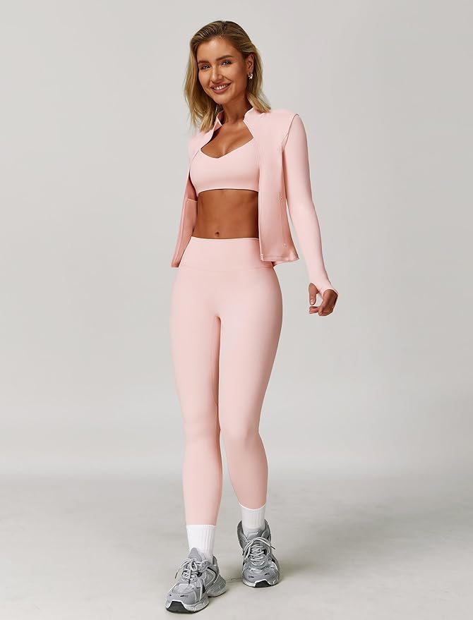 Workout Sets for Women 3 Piece High Waisted Seamless Leggings Crop Top Jacket Gym Yoga Outfit Stretchy Sports Bra Sets