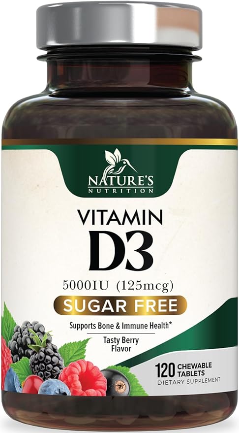 Vitamin D3 5000 IU (125 mcg) Nature's Extra Strength Vitamin D Supplement Chewable for Immune Support Health - Bone, Teeth and Muscle Supplements - Sugar Free, Non-GMO, Gluten Free - 120 Count Tablets
