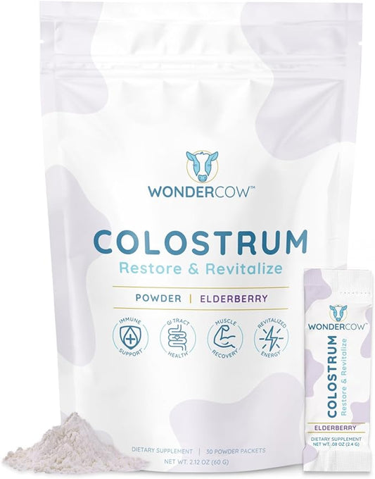 WONDERCOW Colostrum Supplement Powder for Gut Health, Immune Support, Muscle Recovery & Wellness | Natural IgG Pure Whole Bovine Colostrum Superfood, Elderberry, 30 Servings