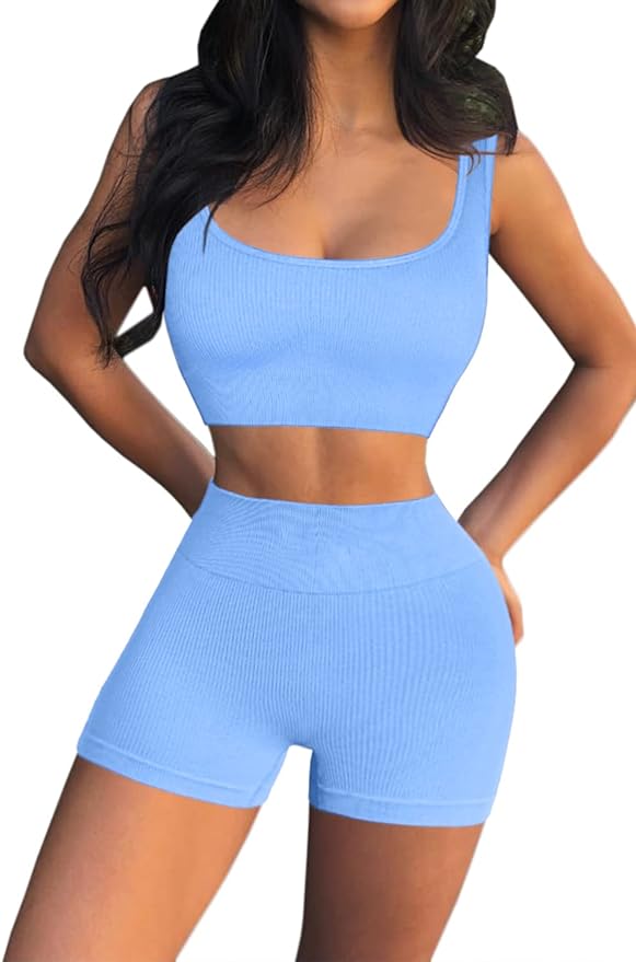 QINSEN Workout Sets for Women 2 Piece Seamless Ribbed Crop Tank High Waist Shorts Yoga Outfits