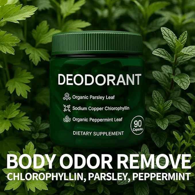 Body Deodorizing Supplement - Mint, Parsley & Chlorophyll Capsules for Body Odor, Bad Breath, Internal Deodorant Chlorophyll Pills for Women & Men, 90 Capsules (1)