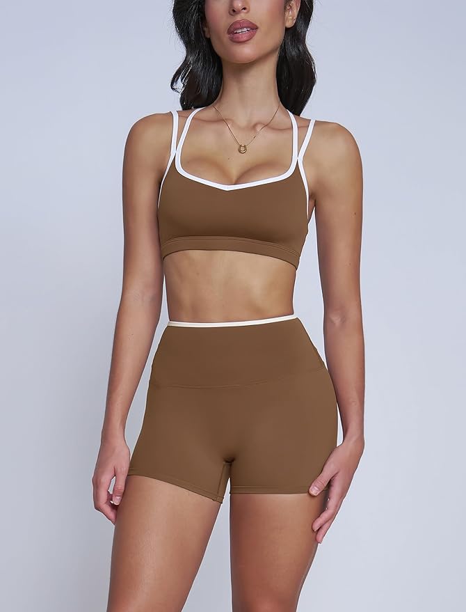 Workout Sets for Women 2 Piece Contrast Panel Sports Bra Tummy Control Butt lifting Shorts Jogger Outfits ﻿