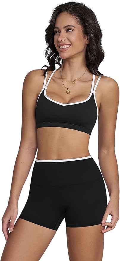 Workout Sets for Women 2 Piece Contrast Panel Sports Bra Tummy Control Butt lifting Shorts Jogger Outfits ﻿