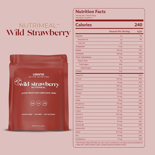 USANA Nutrimeal Meal Replacement Shake - Wild Strawberry - NON-GMO - Gluten Free - Low Glycemic - 540 Grams - 9 Servings