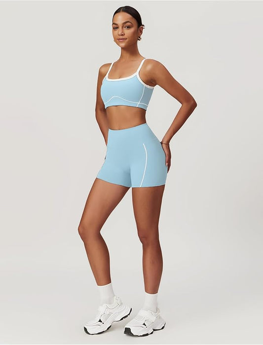 Workout Sets for Women 2 Piece Contrast Panel Sports Bra Tummy Control Butt lifting Shorts Jogger Outfits ﻿