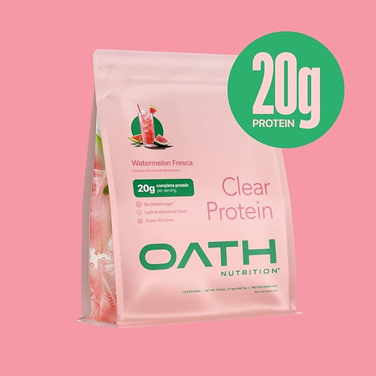 Oath Nutrition Clear Whey Isolate Protein Powder, Watermelon Fresca, 20g Complete Protein per Serving, No Added Sugar, Grass-Fed, 18 Servings