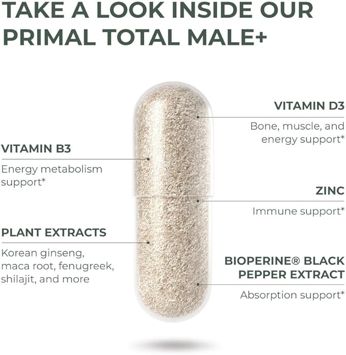Primal Harvest Total Male+ Multivitamin for Men with Essential Vitamins, Minerals and Herbal Support for Energy, Vitality, Immune Health and Performance
