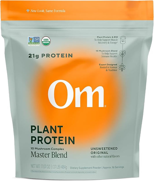 Om Master Blend Vegan Protein Powder, Unflavored, 21g of Plant Protein - Organic Mushroom Supplement with 10 Mushroom Complex, Ashwagandha, BCAAs and Vitamin B12-1.07 lb. (16 Servings)