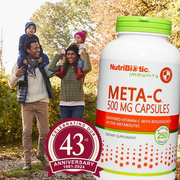 NutriBiotic Meta-C Capsules, 500 mg Spirulina-Bound Vitamin C, 250 Count | Buffered with Calcium, Biologically Active Spirulina Metabolites & Lemon Bioflavonoids | Antioxidant & Collagen Support