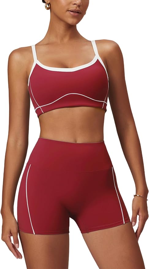 Workout Sets for Women 2 Piece Contrast Panel Sports Bra Tummy Control Butt lifting Shorts Jogger Outfits ﻿