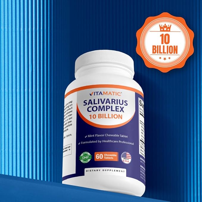 Vitamatic Salivarius Complex 10 Billion Chewable Mint Flavored Tablet - 60 Count - Oral Health Chewable Probiotics + Prebiotics - Supports Healthy Teeth, Gums, & Better Breath