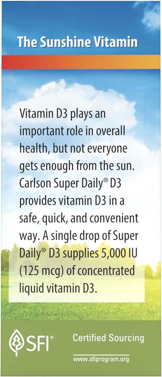 Carlson - Super Daily D3 5,000 IU (125 mcg) per Drop, Vitamin D Drops, Immune Support, Heart Health, Liquid Vitamin D3, Unflavored, 90 Drops