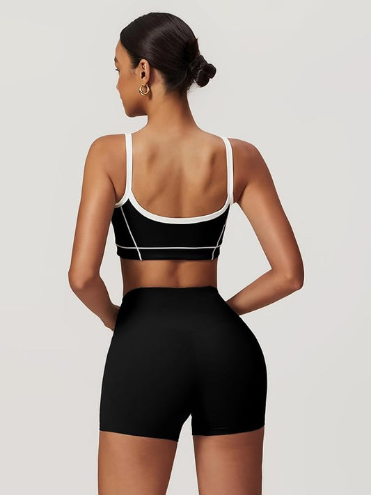 Workout Sets for Women 2 Piece Contrast Panel Sports Bra Tummy Control Butt lifting Shorts Jogger Outfits ﻿