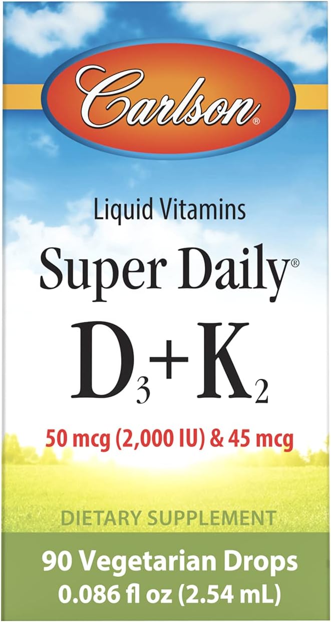 Carlson - Super Daily D3 + K2, 50 mcg D3 + 45 mcg MK-7, Heart & Bone Health, 90 Liquid Drops, 2.54 ml