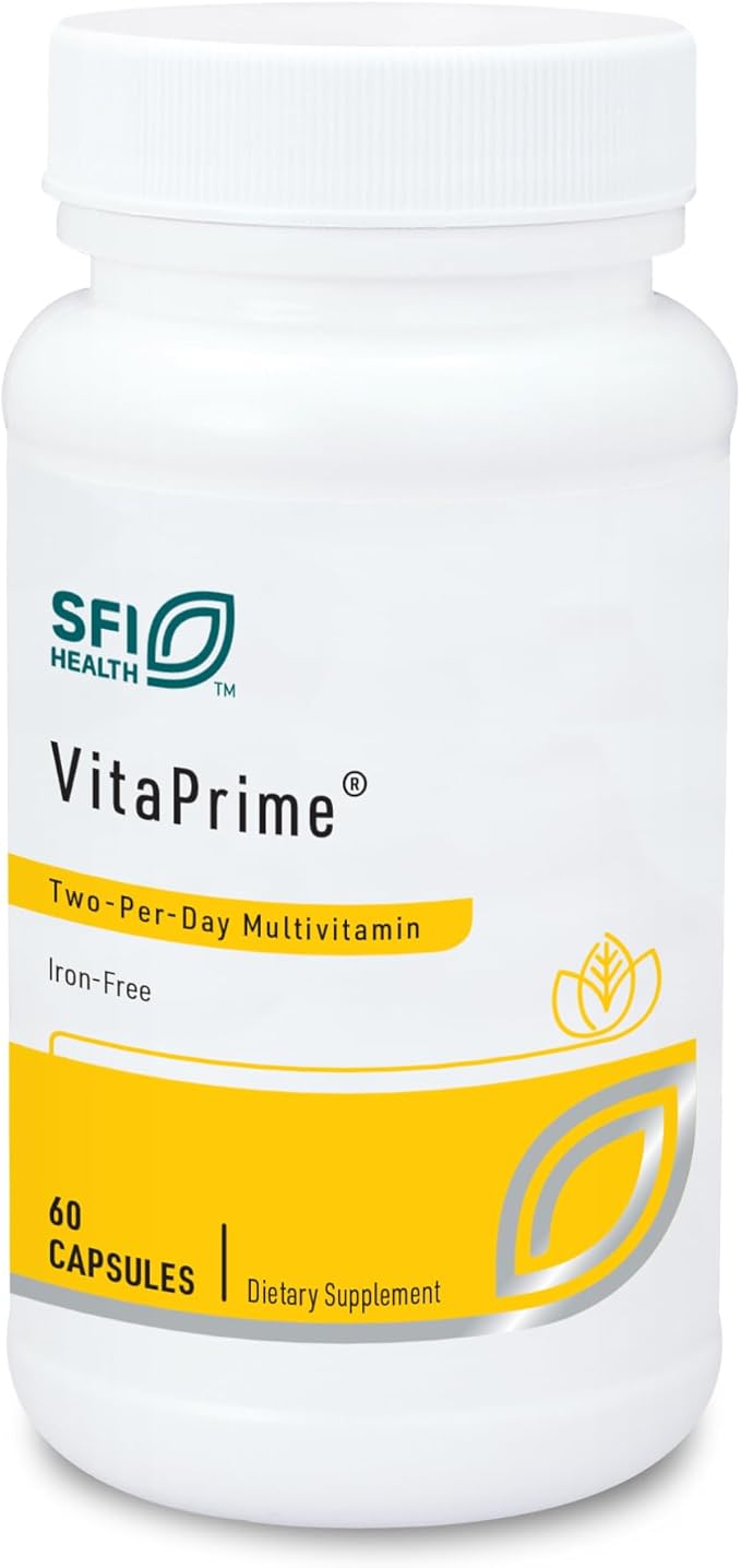 Klaire Labs SFI Health VitaPrime - Iron Free Multivitamin for Women & Men - Promote Immune Function & Support Nutritional Gaps - Two-Per-Day Multivitamin with Methyl Folate & B12 (60 Capsules)