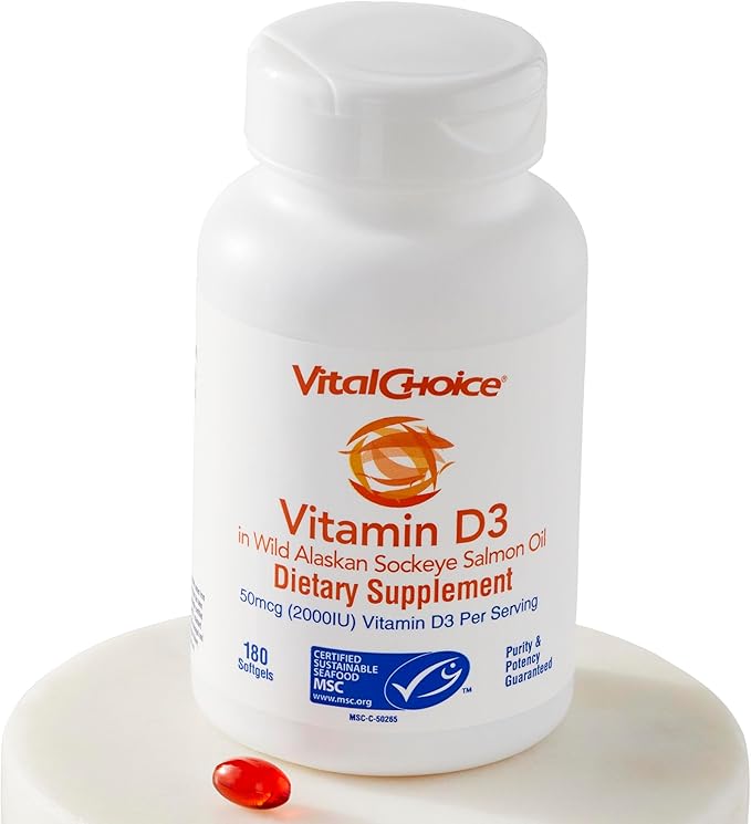Vital Choice MSC Vitamin D3 in Wild Alaskan Sockeye Salmon Oil Dietary Supplement, 180 Softgels