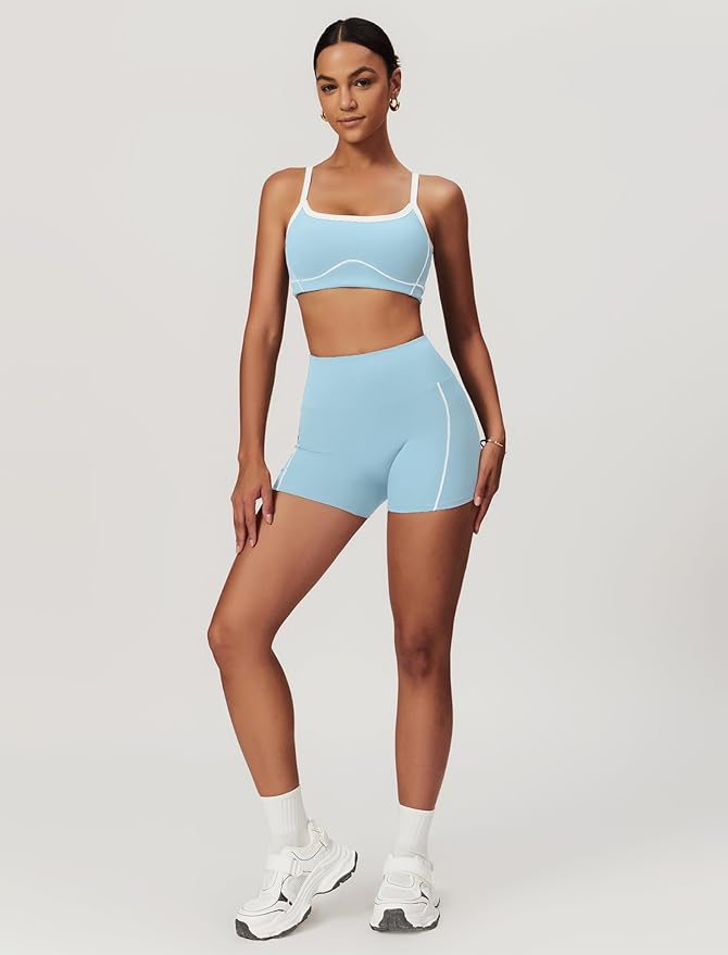 Workout Sets for Women 2 Piece Contrast Panel Sports Bra Tummy Control Butt lifting Shorts Jogger Outfits ﻿