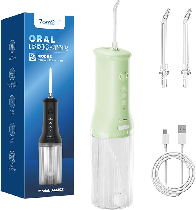 7AM2M Portable Water Flosser Cordless, Water Flosser for Teeth with 3 Modes and 2 Jet Tips, USB C Rechargeable, IPX7 Waterproof, Dental Water Flosser for Travel and Home Use (Green)