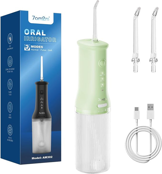 7AM2M Portable Water Flosser Cordless, Water Flosser for Teeth with 3 Modes and 2 Jet Tips, USB C Rechargeable, IPX7 Waterproof, Dental Water Flosser for Travel and Home Use (Green)
