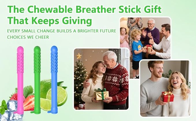 3PCS Chewable Breather Sticks, Chewable Breather Stick for Fresh Breath, Portable Breath Freshener with 9 Replacement Cores, Chewable Essential Oil Breath Stick Travel-Friendly