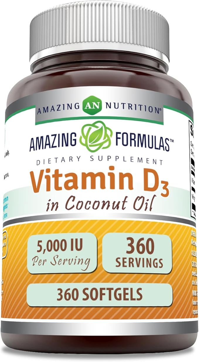 Amazing Formulas Vitamin D3 in Coconut Oil 5000 IU Supplement | Softgels | Non-GMO | Gluten-Free | Made in USA (1 Pack | 360 Count)