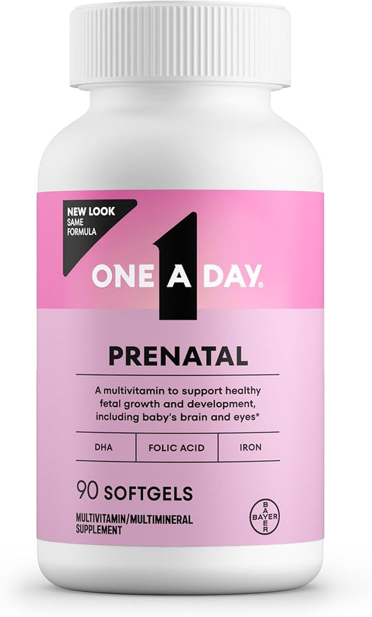 One A Day Prenatal Vitamins- Folic Acid, Iron, Omega- 3 (DHA), Pregnancy Vitamins for Women, Prenatal Multivitamin for Mom and Baby Support, Pregnancy Must Haves 90 Ct (Packaging May Vary)