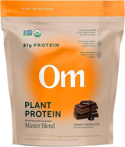 Om Master Blend Vegan Protein Powder, Chocolate, 21g of Plant Protein - Organic Mushroom Supplement with 10 Mushroom Complex, Ashwagandha, BCAAs and Vitamin B12-1.2 lb. (16 Servings)