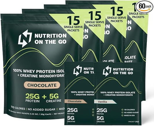 Nutrition On The Go Whey Protein Isolate Packets with Creatine – 25g Protein + 5g Creatine – Single-Serve Travel Protein Powder - Variety Pack (Vanilla & Chocolate) (60-Pack)