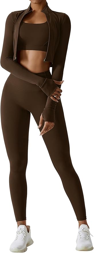 Workout Sets for Women 3 Piece High Waisted Seamless Leggings Crop Top Jacket Gym Yoga Outfit Stretchy Sports Bra Sets