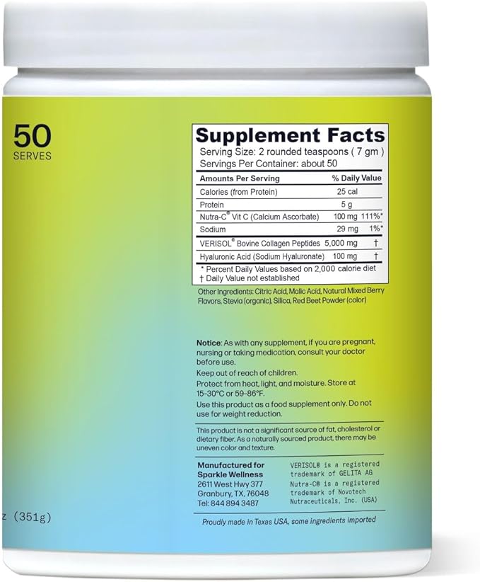 Sparkle Wellness VERISOL Bioactive Hydrolyzed Collagen Peptides | Collagen Powder with Vitamin C & Hyaluronic Acid for Hair, Skin, and Nail Health | Skin Boost Plus (Mixed Berry) [50-Serves]