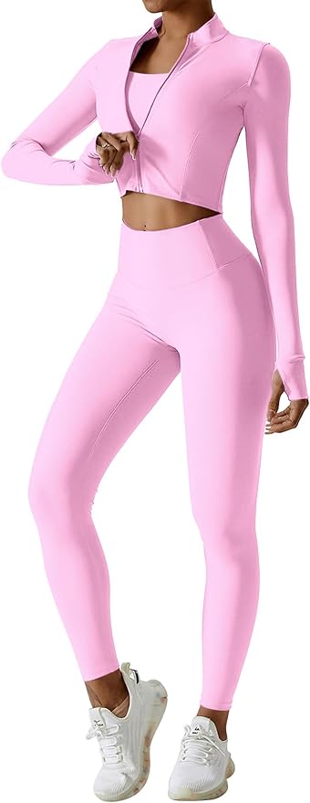Workout Sets for Women 3 Piece High Waisted Seamless Leggings Crop Top Jacket Gym Yoga Outfit Stretchy Sports Bra Sets
