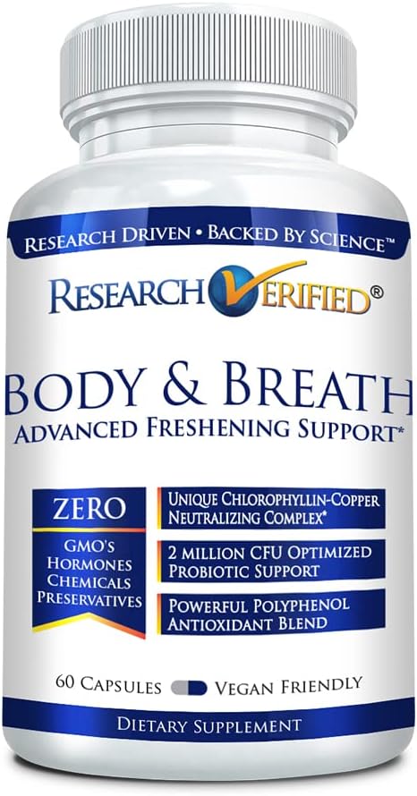 Research Verified Body & Breath Natural Deodorant & Freshener - Bad Breath & Body Odor Supplement - 60 Capsules (1 Month Supply)