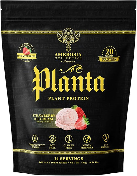 Ambrosia Planta - Premium Plant-Based Protein | Vegan & Keto Friendly | Gourmet Flavors with No Bloating or Stomach Upset | No Added Sugar | 14 Servings | (Strawberry Ice Cream)