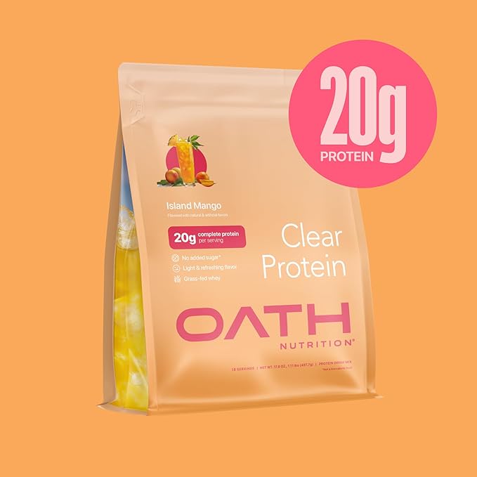 Oath Nutrition Clear Whey Isolate Protein Powder, Island Mango, 20g Complete Protein per Serving, No Added Sugar, Grass-Fed, 18 Servings