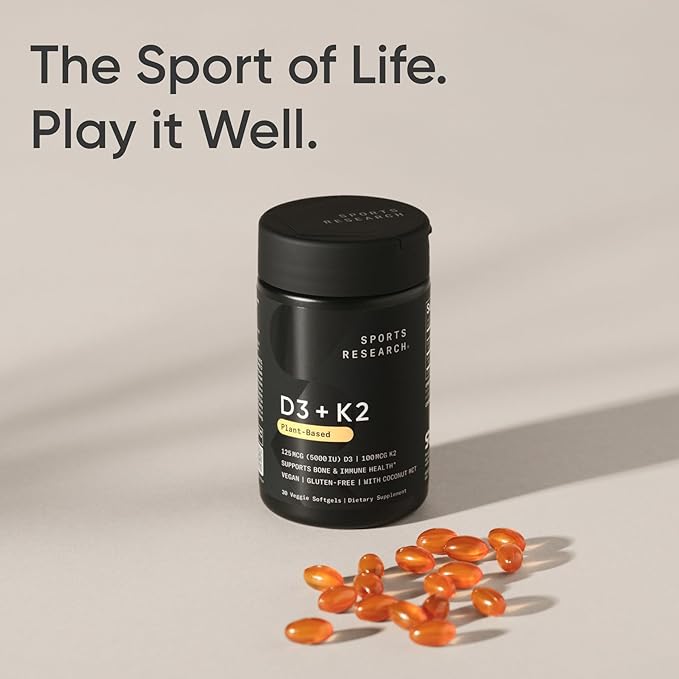Sports Research® Vitamin D3 + K2 with 10,000iu of Plant-Based D3 & 100mcg of Vitamin K2 as MK-7 | Non-GMO Verified & Vegan Certified 60ct