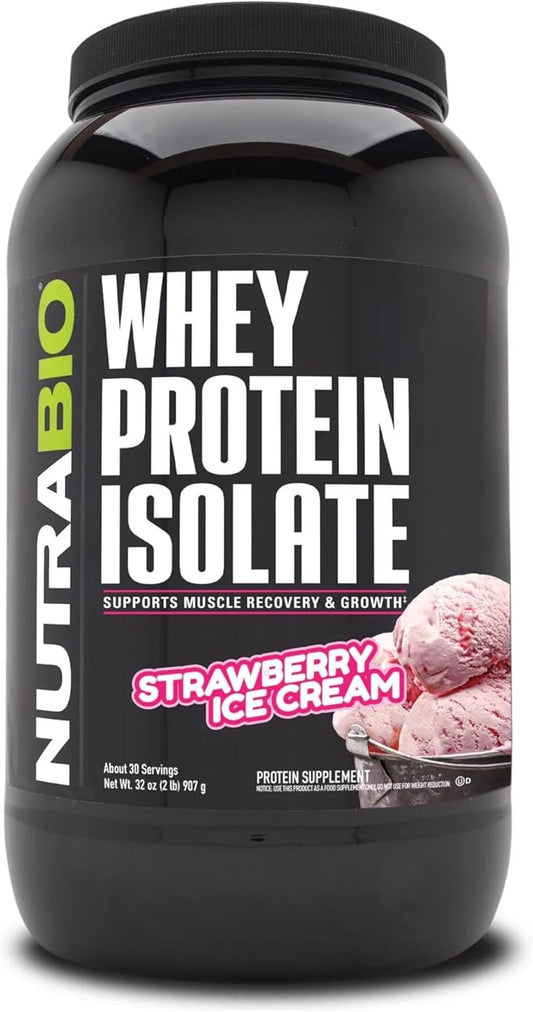 NutraBio 100% Whey Protein Isolate Protein Powder, 25g Protein with Complete Amino Acid Profile, Non-GMO, Soy & Gluten Free, Low Carb, Low Calorie Whey Protein Powder, Strawberry Ice Cream, 2 Lbs
