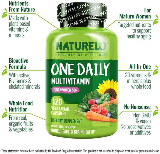 NATURELO One Daily Multivitamin for Women 50+ (Iron Free) - Menopause Support for Women Over 50 - Whole Food Supplement - Non-GMO - No Soy - 120 Capsules - 4 Month Supply