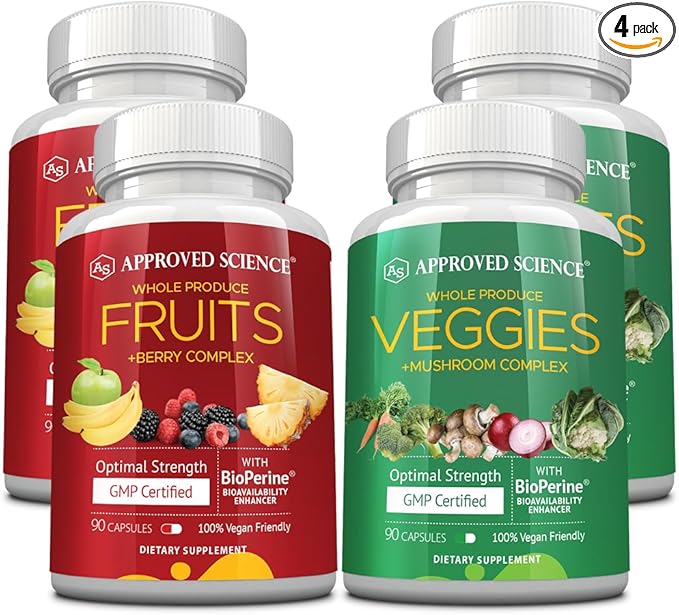 Approved Science Fruits & Veggies - 42 Whole Fruit and Veggie Supplement - Enhanced Health & Vitality - Daily Natural Vitamins, Minerals, Antioxidants - 180 Capsules Each - 2-Month Supply