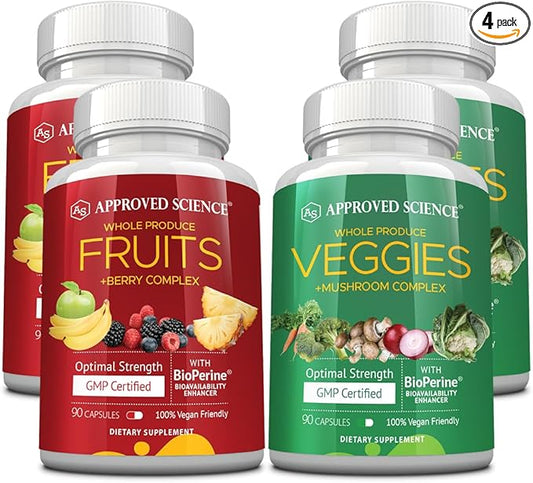 Approved Science Fruits & Veggies - 42 Whole Fruit and Veggie Supplement - Enhanced Health & Vitality - Daily Natural Vitamins, Minerals, Antioxidants - 180 Capsules Each - 2-Month Supply