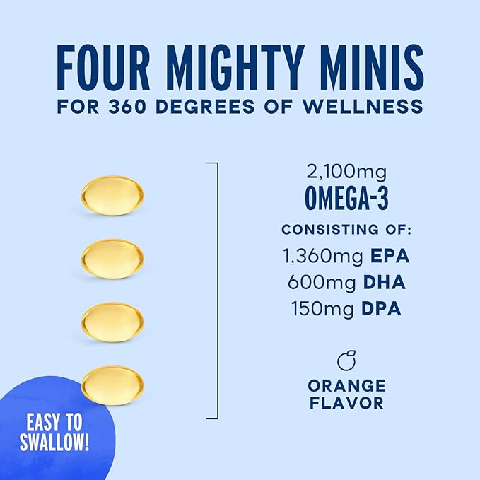 Oceanblue Omega 3 2100 Mini Small Softgels | Triple Strength with 1350MG EPA 600MG DHA 150MG DPA | Orange Flavor | 120 Count, No Burps
