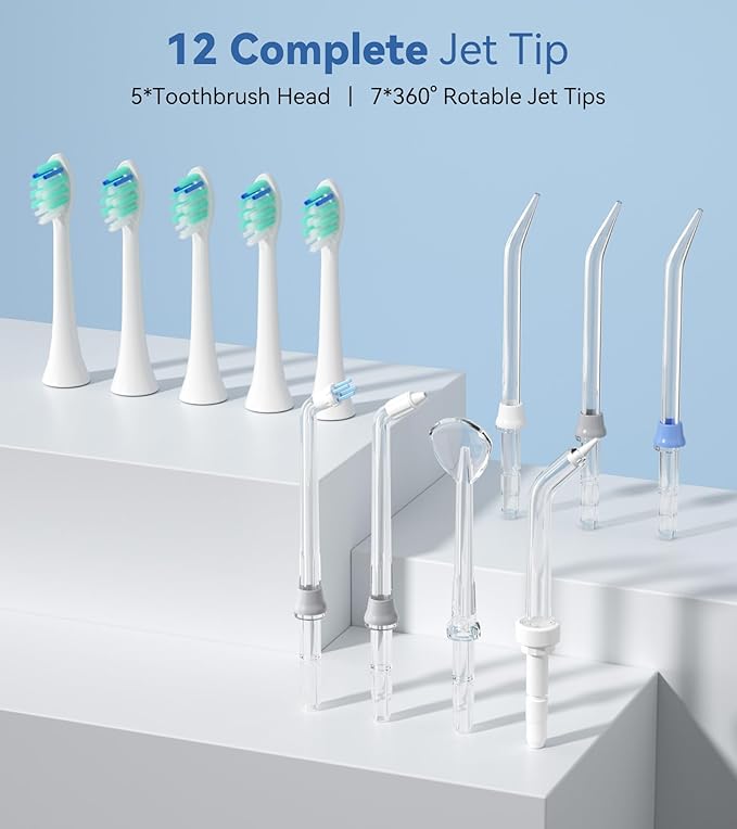 Water Flosser & Ultrasonic Electric Toothbrush Combo, 600ML Water Dental Flosser with 7 Jet Tips, 10 Adjustable Water Pressure, 5 Toothbrush Heads for Home Use, Gums, Braces (White)