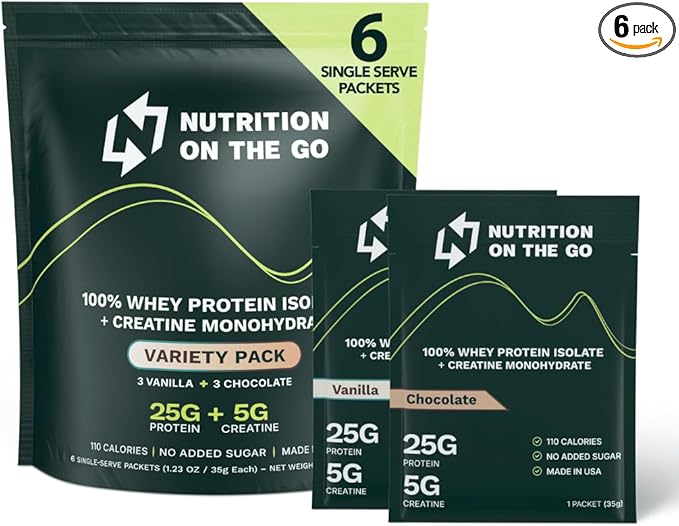 Nutrition On The Go Whey Protein Isolate Packets with Creatine – 25g Protein + 5g Creatine – Single-Serve Travel Protein Powder - Variety Pack (Vanilla & Chocolate) (6-Pack)