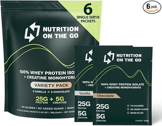 Nutrition On The Go Whey Protein Isolate Packets with Creatine – 25g Protein + 5g Creatine – Single-Serve Travel Protein Powder - Variety Pack (Vanilla & Chocolate) (6-Pack)