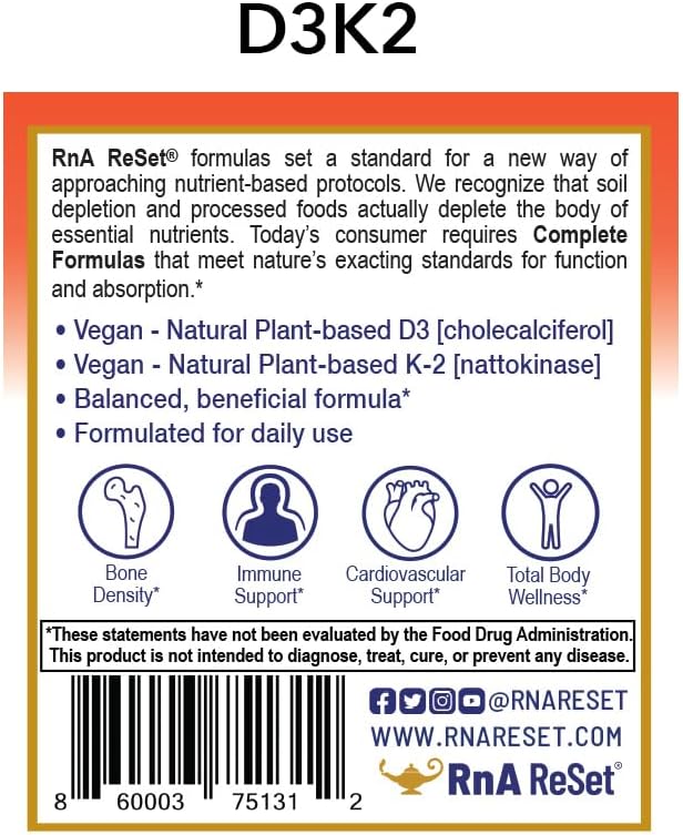 RnA ReSet D3K2 Reset – 4,000 IU Vitamin D3 & 100 mcg K2 Supplement (60 Capsules)